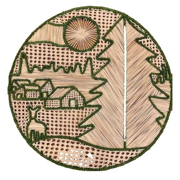 Handmade Other - Vintage Woven Rattan Landscape Scene on Circular Hand Stitched Frame Wall Decor